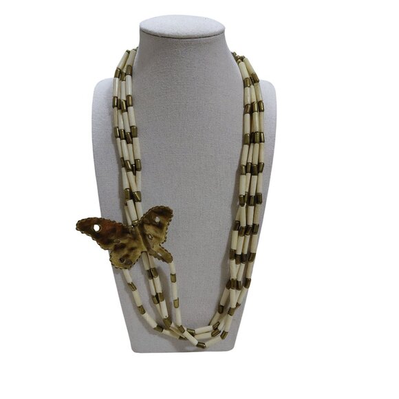 Vintage Multi-Strand White & Brass Beaded Brass Butterfly Pendant Necklace 24" - Picture 11 of 11
